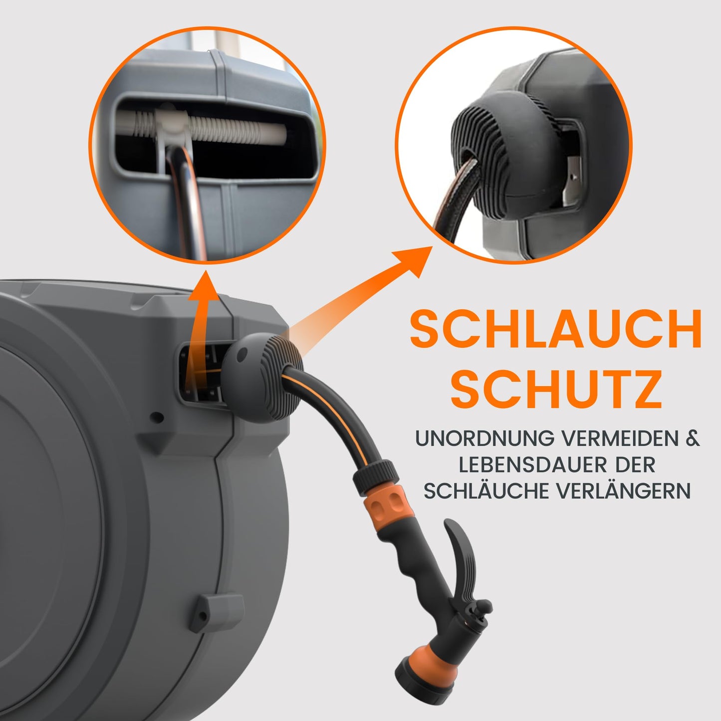 Giraffe Tools Schlauchtrommel 25m Wandmontage - Automatischer Aufroller, 180° schwenkbar, Multibrause