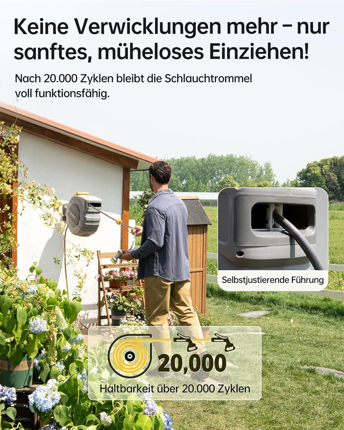 GLAHODEN Schlauchtrommel 35m Wandmontage - Frostbeständig, Längenverriegelung, 9-Funktionen-Düse