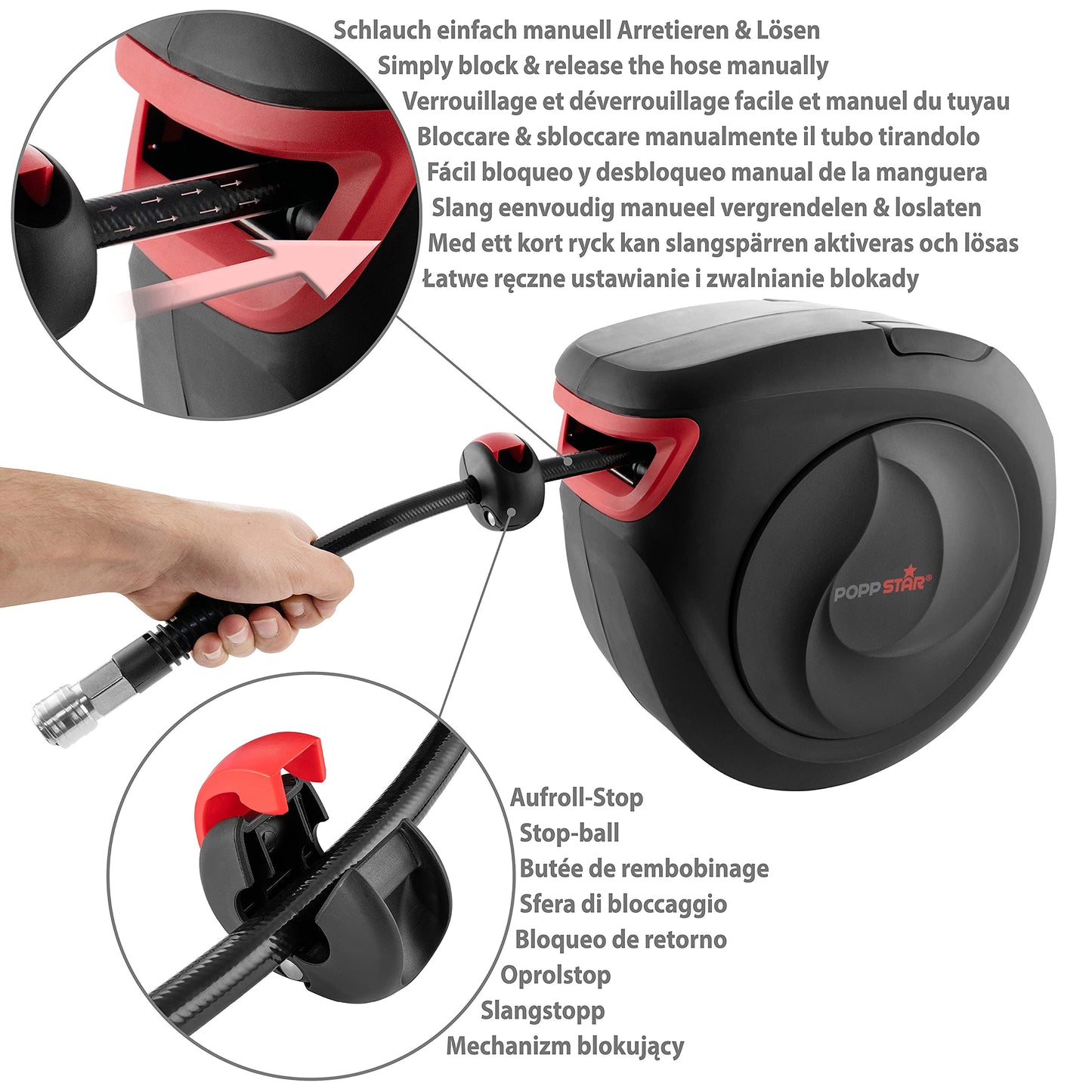Poppstar Druckluftschlauchtrommel 30m - Automatik Aufroller für Druckluft, Schnellkupplung
