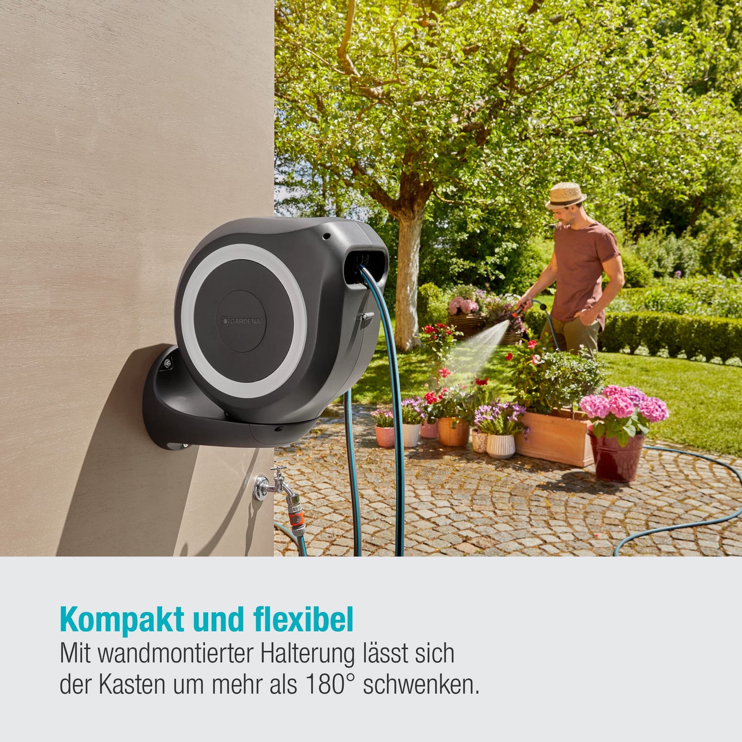 Gardena Schlauchbox RollUp M 20m - Wandmontage, schwenkbar, inkl. Schlauch, Spritze (18612-20)