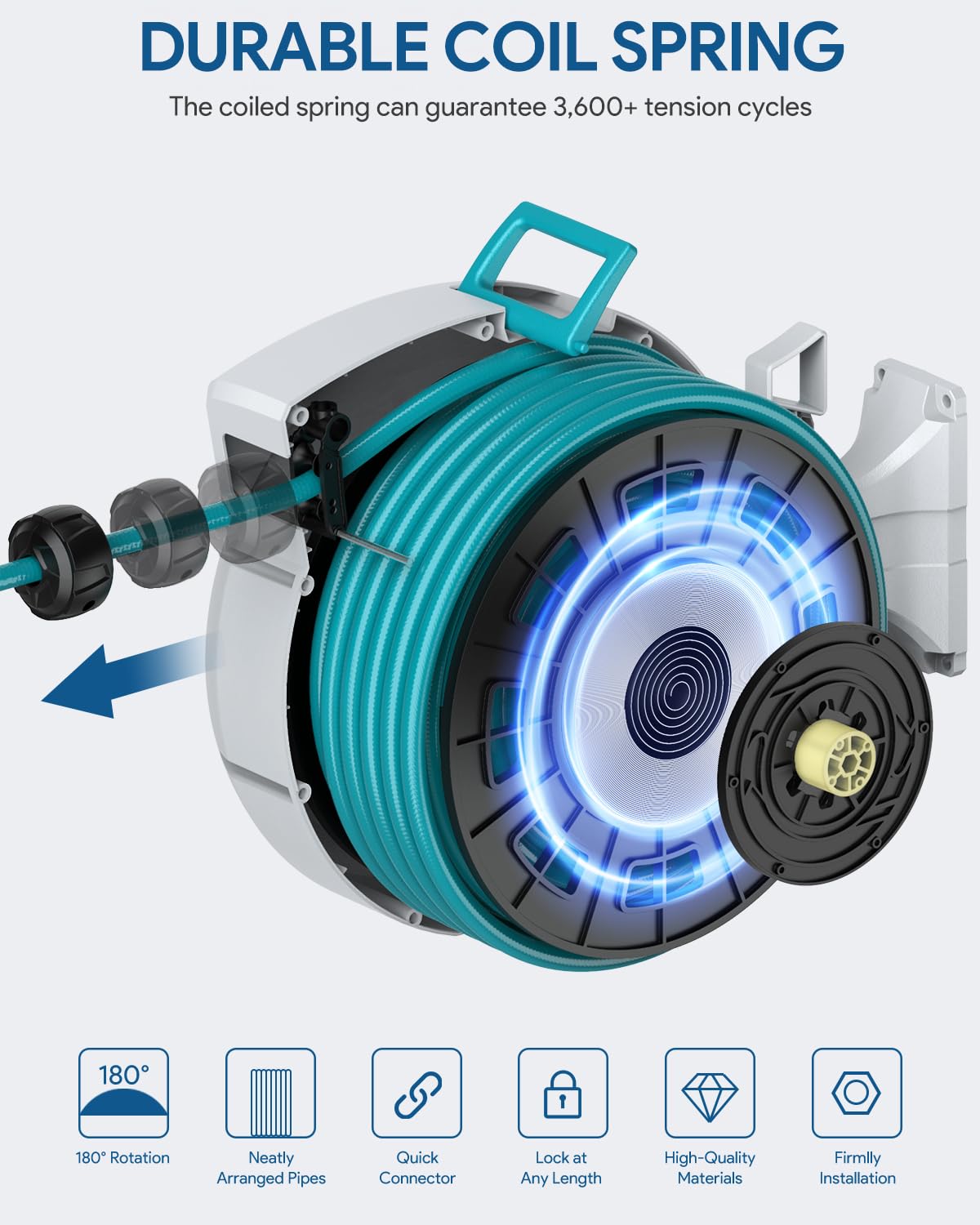 ENEACRO Schlauchbox 30m Wandmontage - Automatik-Aufrollung, 180° schwenkbar, 10-in-1 Sprühdüse