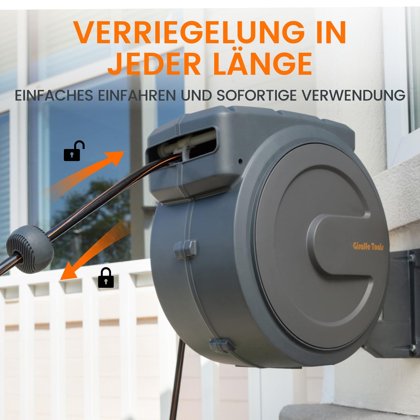 Giraffe Tools Schlauchtrommel 25m Wandmontage - Automatischer Aufroller, 180° schwenkbar, Multibrause