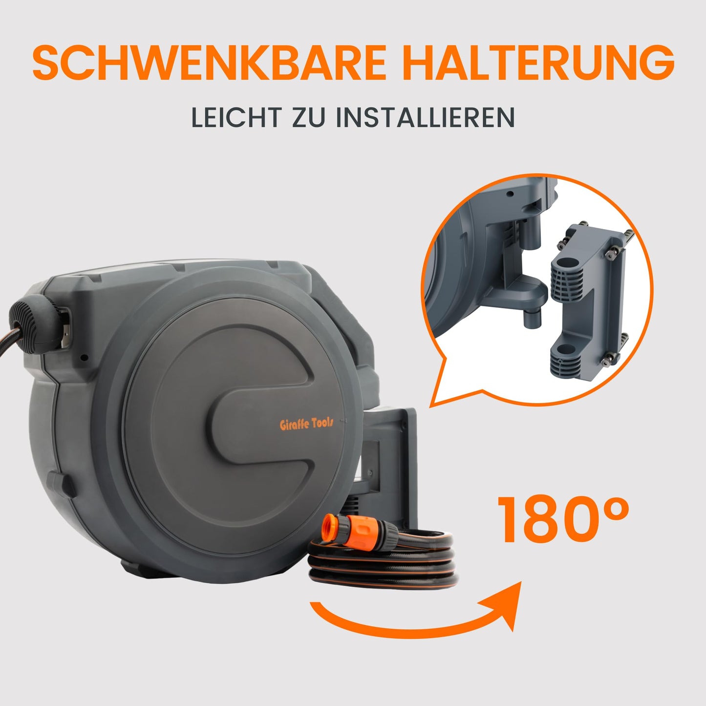 Giraffe Tools Schlauchtrommel 25m Wandmontage - Automatischer Aufroller, 180° schwenkbar, Multibrause