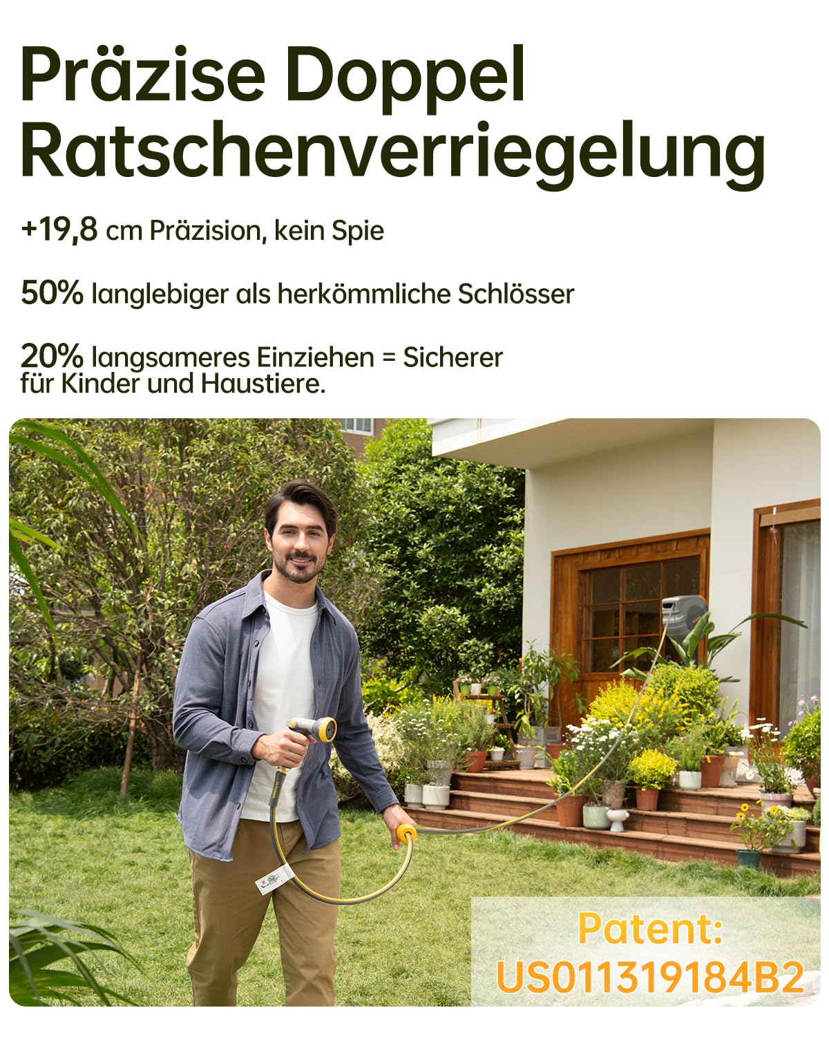 GLAHODEN Schlauchtrommel 35m Wandmontage - Frostbeständig, Längenverriegelung, 9-Funktionen-Düse