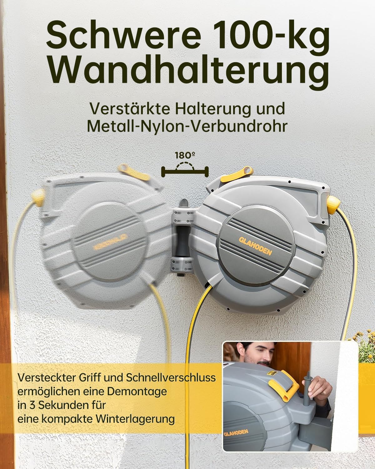 GLAHODEN Schlauchtrommel 35m Wandmontage - Frostbeständig, Längenverriegelung, 9-Funktionen-Düse