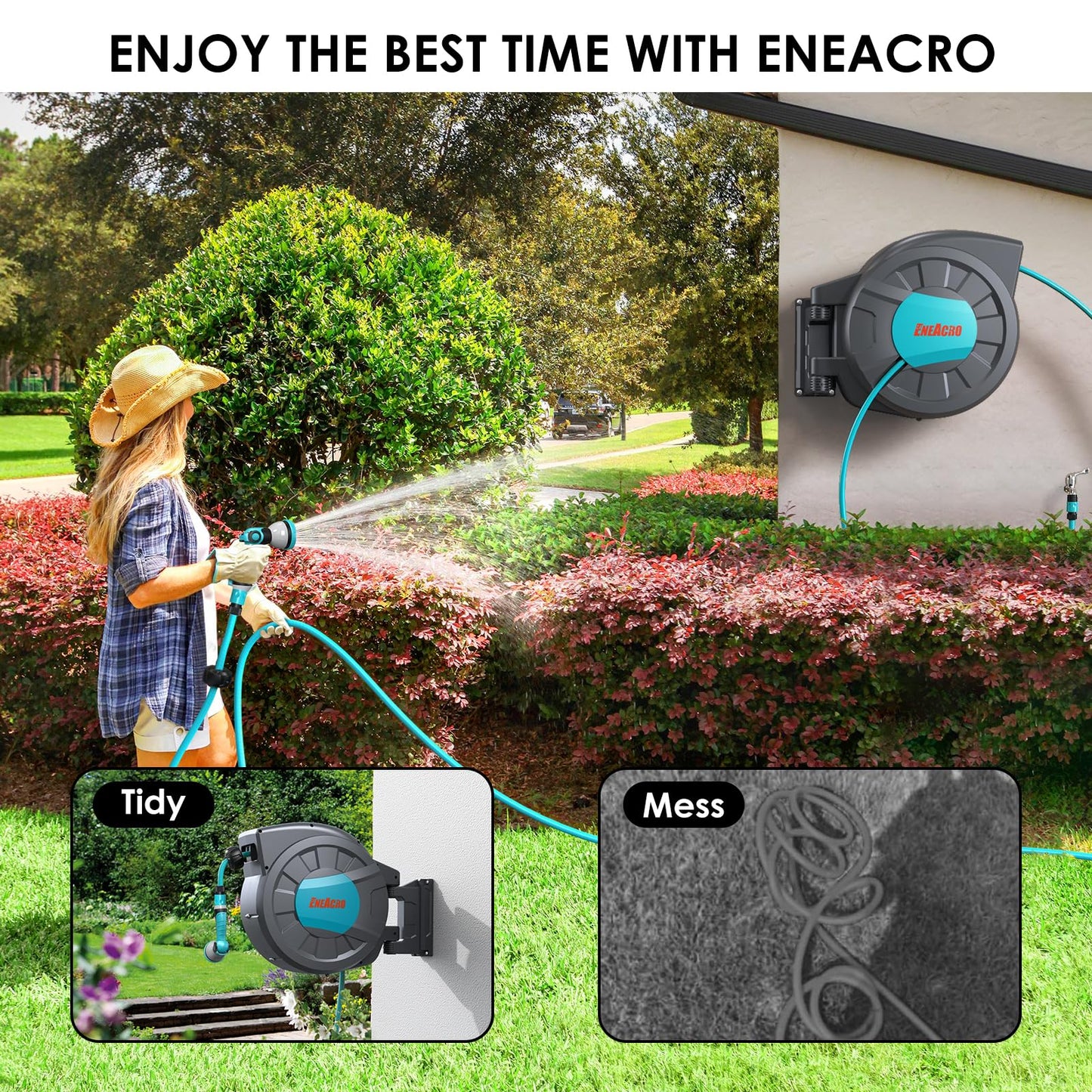 ENEACRO Schlauchbox 35m Wandmontage - Automatik-Aufrollung, 180° schwenkbar, 10-in-1 Sprühdüse