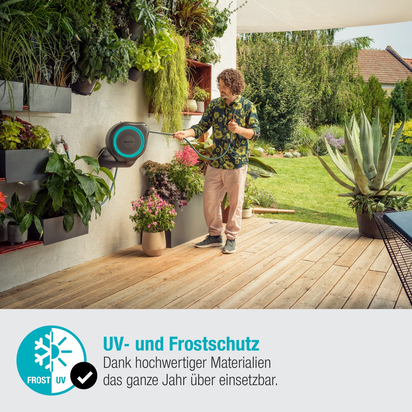 Gardena Schlauchbox RollUp S 15m Türkis - Wandmontage, schwenkbar, inkl. Schlauch, Spritze (18600-20)
