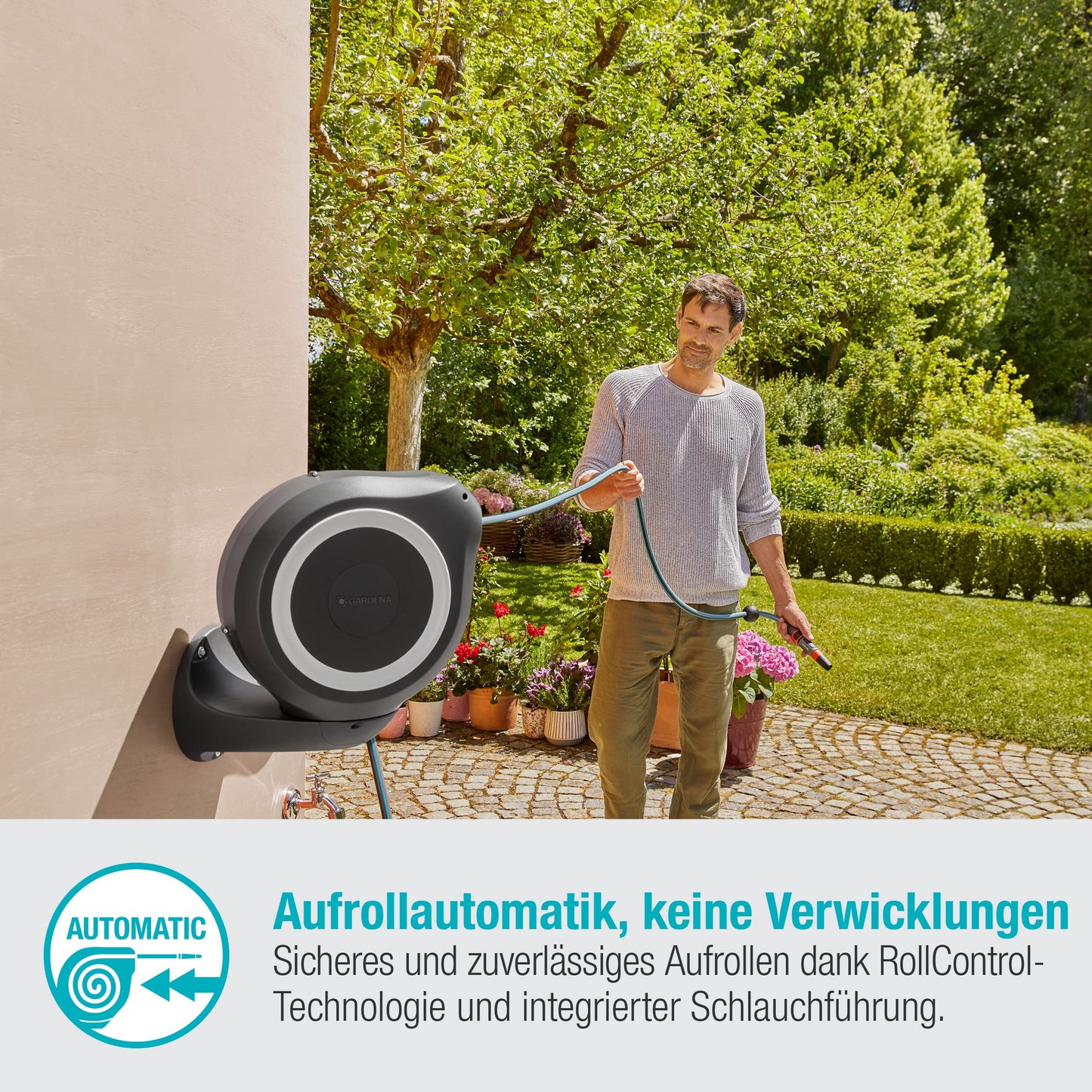 Gardena Schlauchbox RollUp M 20m - Wandmontage, schwenkbar, inkl. Schlauch, Spritze (18612-20)